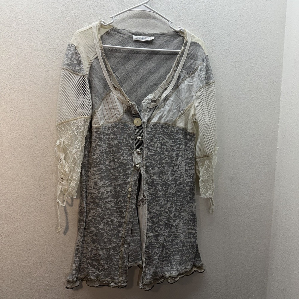 Elisa Cavaletti Mixed Media Artsy Art To Wear Long Sleeve Button Down Mesh Lace